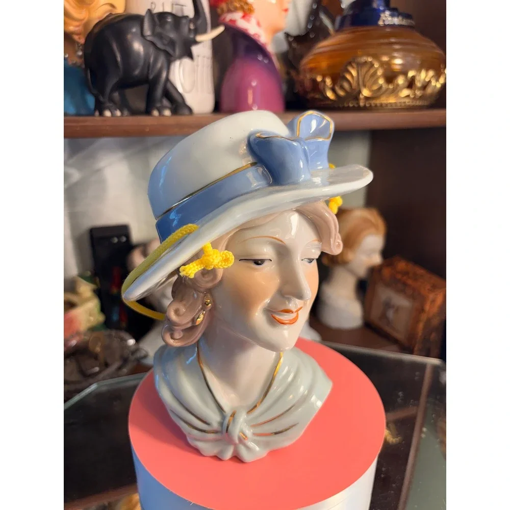 Vintage Ceramic Lady Head Vase Blue Hat Gold Trim Mid Century Style Figurine